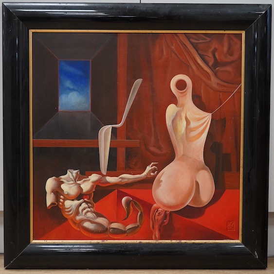 Jonathon Coudrille (b.1945), surreal oil on panel, ‘Laying the ghost of my fathers muse a lower astrical confinement’, monogrammed, Cornish gallery inscribed label verso, 59 x 59cm. Condition - good